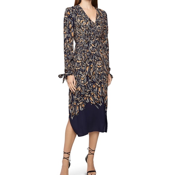 REISS Erin Abstract Feather Midi Dress V-neck Long Sleeve Size 4 Navy Gold - Picture 1 of 8